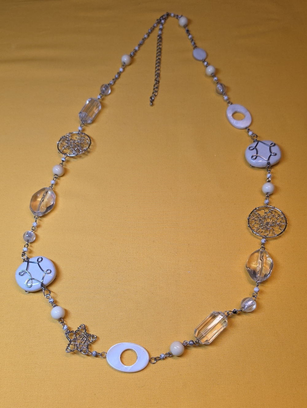 Boho Silver Long Station Necklace Mother of Pearl Wire Star Statement 34"